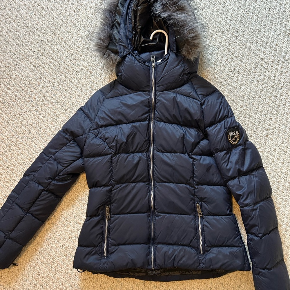 Skea Luxury Ski Jacket -Dark Blue Puffer Jacket with Fur Hood